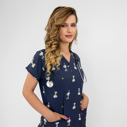 Unisex Lacivert Snopy Desenli Likralı Cerrahi Doktor Hemşire Scrubs Üniforma Takım