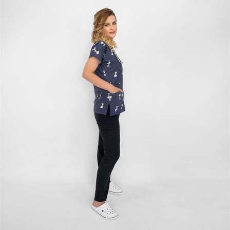 Unisex Lacivert Snopy Desenli Likralı Cerrahi Doktor Hemşire Scrubs Üniforma Takım
