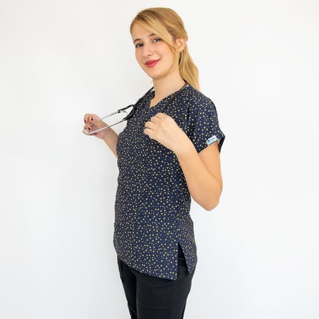 Unisex Lacivert Yıldız Desenli Likralı Cerrahi Doktor Hemşire Scrubs Üniforma Takım