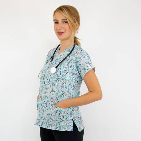 Unisex Mavi Güzellik Desenli Likralı Kuaför Estetisyen Scrubs Üniforma Takım