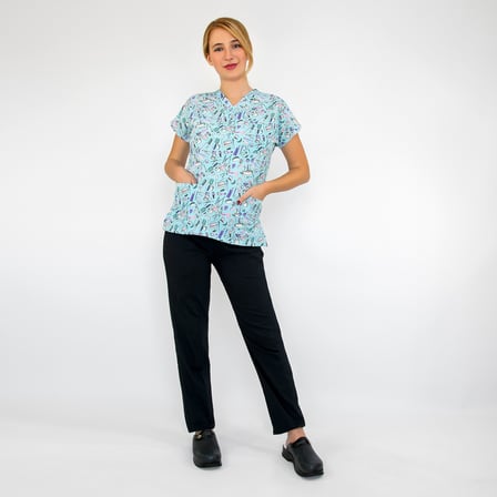 Unisex Mavi Güzellik Desenli Likralı Kuaför Estetisyen Scrubs Üniforma Takım