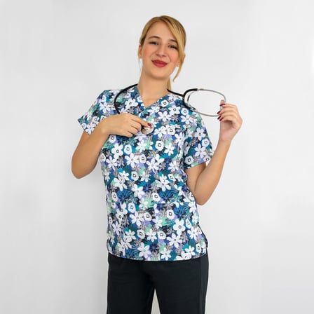 Unisex Beyaz Papatyalar Desenli Esnek  Likralı Doktor Hemşire Veteriner  Scrubs Cerrahi Tek üst  Üst