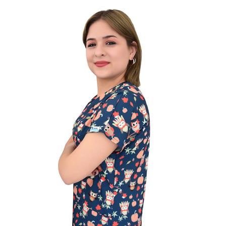 Unisex Kabaklı Baykuş Desenli Likralı Doktor Hemşire Hastane Cerrahi Tek Üst Forma