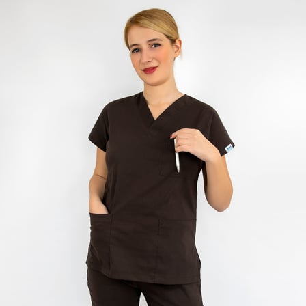 Unisex Koyu Kahve Esnek Likralı Doktor Hemşire SCrubs Tek Üst Forma