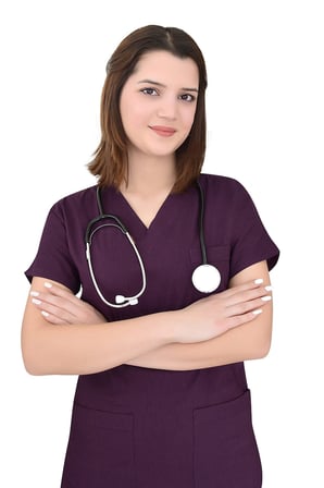 Unisex Koyu Mürdüm Esnek  Likralı Doktor Hemşire Scrubs Tek Üst Forma