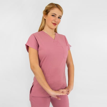 Unisex Koyu Pudra Esnek  Likralı Doktor Hemşire Scrubs Tek Üst Forma