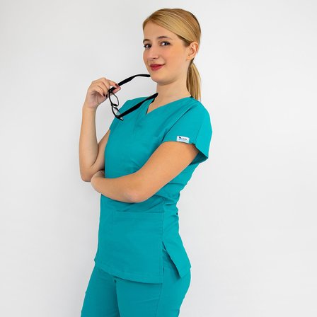 Unisex Turkuaz Mavi Esnek  Likralı Doktor Hemşire Scrubs Tek Üst Forma
