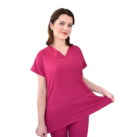 Unisex Vişne Esnek Likralı Doktor Hemşire Scrubs Tek Üst Forma