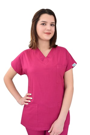 Unisex Vişne Esnek Likralı Doktor Hemşire Scrubs Tek Üst Forma