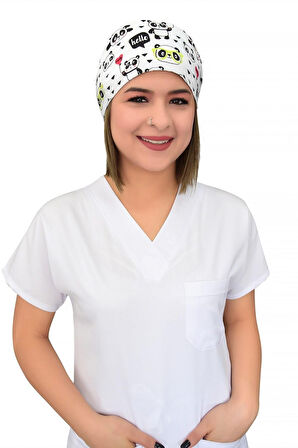 Beyaz Panda Desenli Doktor Hemşire Aşçı Hastane Medikal Cerrahi Saç Bonesi