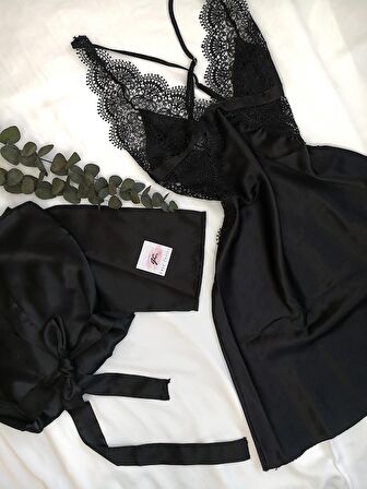 Siyah Saten Gecelik- Sabahlık Set