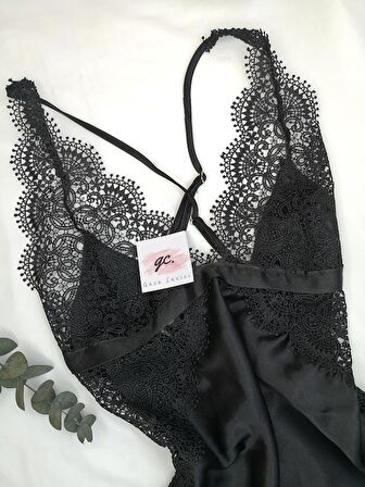 Siyah Saten Gecelik- Sabahlık Set
