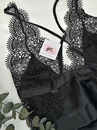 Siyah Saten Gecelik- Sabahlık Set