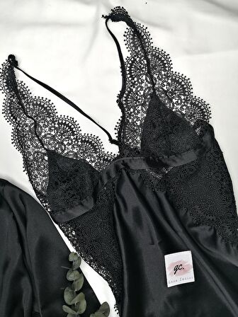 Siyah Saten Gecelik- Sabahlık Set