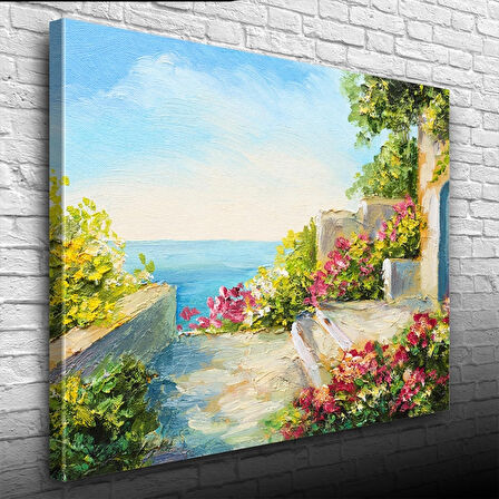 Çiçekli Taş Teras ve Deniz Manzarası  Yağlıboya Kanvas Tablo 50 x 70