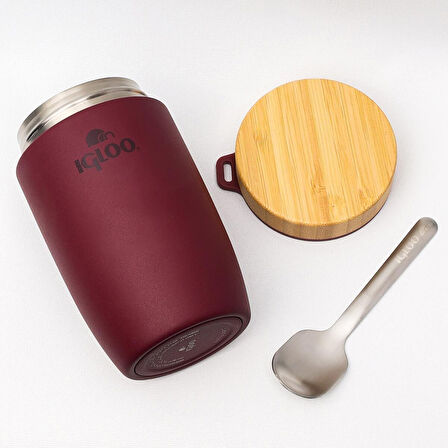 Bambu Kapak Yemek Termosu 500ml Çelik Termos Bordo 12 Saat Sıcak Tutar