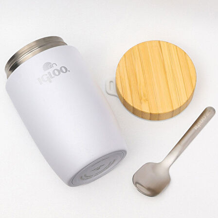 Bambu Kapak Yemek Termosu 500ml Çelik Termos Beyaz 12 Saat Sıcak Tutar