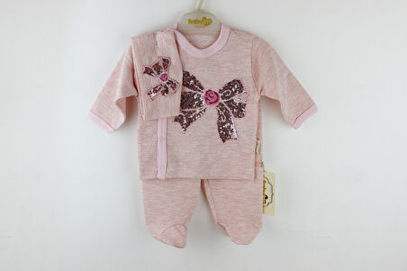 1108 3'lü Kız Bebek Pullu Zıbın Takım Pembe