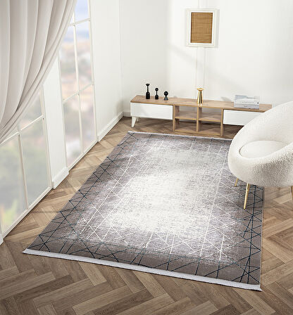 Feel Koleksiyonu Triko Akrilik Pamuk Atkı Tabanlı Dokuma Halı FL002M Gri-Mavi