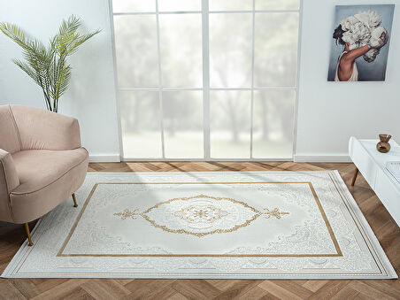 Nexus Koleksiyonu Saçaklı Halı NX001A Krem-Gold