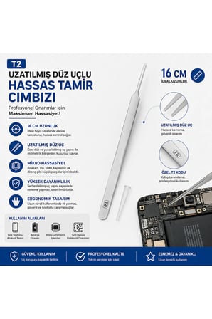 T2 - 16 Cm Uzatılmış Düz Uçlu Hassas Tamir Cımbızı Cep Telefonu Anakart Ve Batarya Onarım