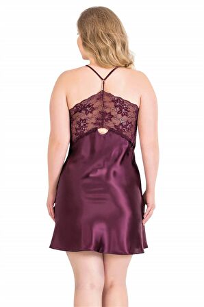 Aria's Closet Büyük Beden Mürdüm Kısa Saten Gecelik