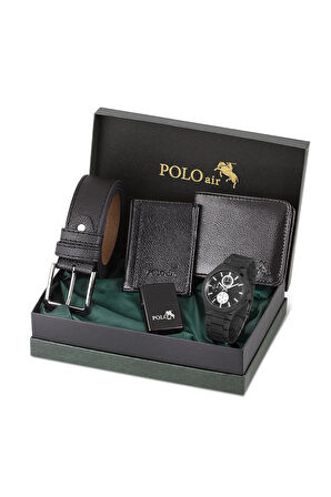 Erkek Kol Saati Cüzdan Kemer Kartlık Çakmak Kombin Set PL-0838E1 Siyah Set