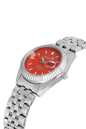 Mercan Takvimli Kadın Kol Saati Zirkon Taşlı Yuvarlak Bileklik Kombin Gümüş Kırmızı Renk PL-1519B6