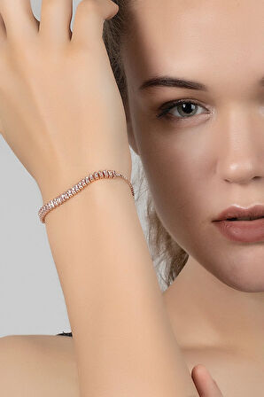 Kadın Kol Saati Ve Zirkon Taşlı Su Yolu Bileklik Hediyeli Kombin Bakır Renk