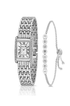 Vintage Romen Rakamlı Kadın Kol Saati Zirkon Taşlı Su Yolu Bileklik Kombin Gümüş PL-1501B2