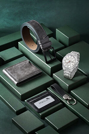 Cüzdan Kartlık Kemer Saat Anahtarlık Set Gri Renk