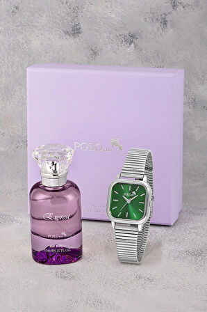 Kare Kasa Kadın Kol Saati Ve 55 ml Parfüm Seti Hediyelik Kutsunda Kombin Gümüş Yeşil Renk ST-2143S6