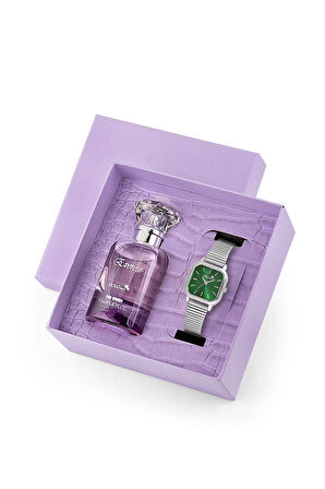 Kare Kasa Kadın Kol Saati Ve 55 ml Parfüm Seti Hediyelik Kutsunda Kombin Gümüş Yeşil Renk ST-2143S6
