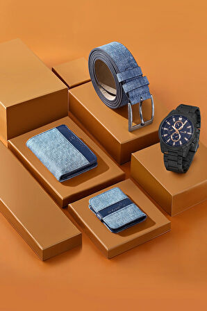 Erkek Kol Saati Cüzdan Kemer Kartlık Kombin Set Pl-0830e7 Lacivert Set