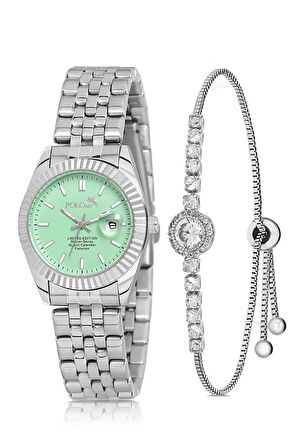Mercan Takvimli Kadın Kol Saati Zirkon Taşlı Yuvarlak Bileklik Kombin Gümüş Yeşil Renk PL-1519B4