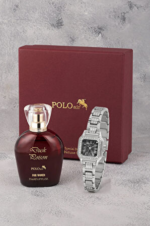 Kadın Kol Saati Ve Parfüm Seti Bordo Hediyelik Kutsunda Kombin Gümüş Siyah Renk ST-2122S5