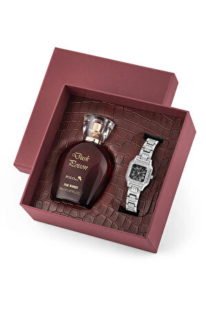 Kadın Kol Saati Ve Parfüm Seti Bordo Hediyelik Kutsunda Kombin Gümüş Siyah Renk ST-2122S5