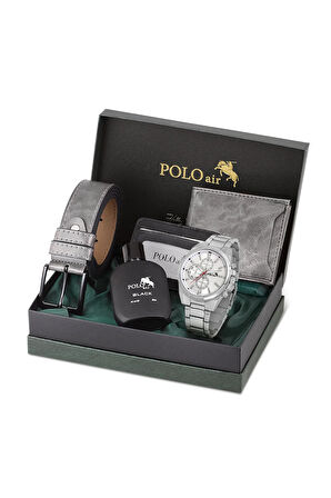 Cüzdan Kartlık Kemer Parfüm Saat Seti Gri Renk PL-0780E4