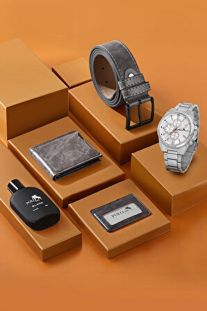 Cüzdan Kartlık Kemer Parfüm Saat Seti Gri Renk PL-0780E4