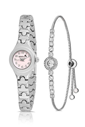 Rakamlı Klasik Minik Kadın Kol Saati Zirkon Taş Yuvarlak Bileklik Kombin Gümüş Pembe Renk PL-1524B4