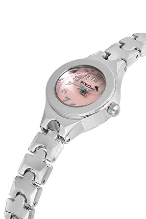 Rakamlı Klasik Minik Kadın Kol Saati Zirkon Taş Yuvarlak Bileklik Kombin Gümüş Pembe Renk PL-1524B4