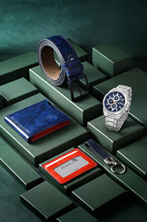 Cüzdan Kartlık Kemer Saat Anahtarlık Set Lacivert Renk