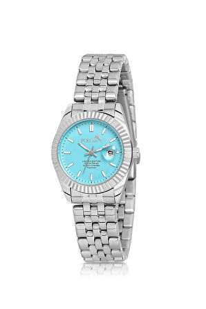 Mercan Takvimli Tek Sıra Kadın Kol Saati Gümüş Mavi Renk PL-1519B7x