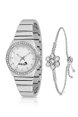 Tek Sıra Lüx Taşlı Kadın Kol Saati Zirkon Taşlı Çiçek Bileklik Gümüş PL-1490B2