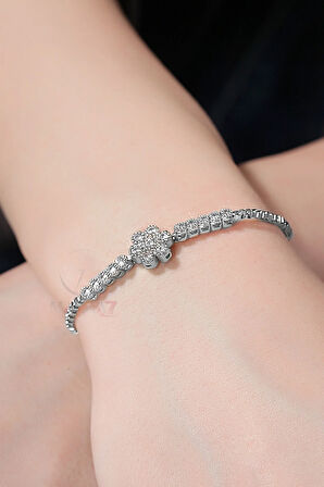 Tek Sıra Lüx Taşlı Kadın Kol Saati Zirkon Taşlı Çiçek Bileklik Gümüş PL-1490B2