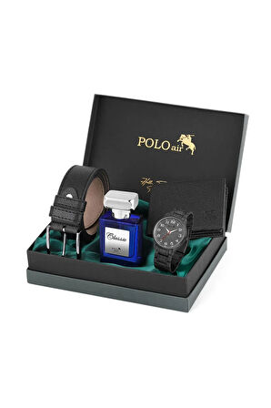 Klasik Metal Kordon Erkek Kol Saati Cüzdan Kemer Parfüm Kombin Siyah Set PL-0939E1