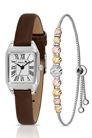 Romen Rakamlı Deri Kordon Kadın Kol Saati Dorika Bileklik Kombin Kahverengi Gümüş Renk PL-1517B8