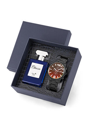Erkek Metal Kol Saati Ve Parfüm Seti Hediyelik Kutusunda Kombin Siyah Renk Pl-0949e1
