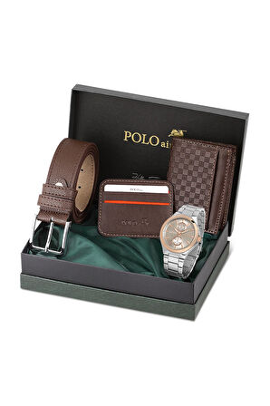 Erkek Kol Saati Dama Desenli Cüzdan Kemer Kartlık Kombin PL-0839E3 Kahverengi Set