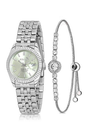 Mercan Takvimli Kadın Kol Saati Zirkon Taşlı Yuvarlak Bileklik Kombin Gümüş AçıkYeşil Renk PL-1519B5